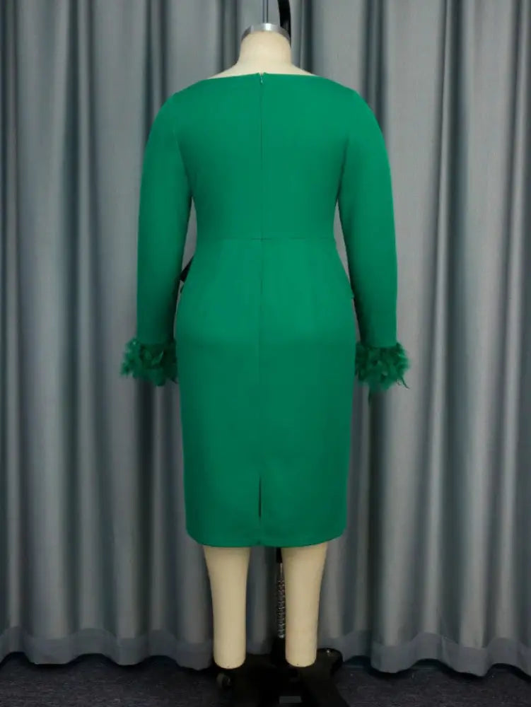 Green Bodycon Dress V-neck Patchwork Feather Long Sleeve