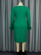 Green Bodycon Dress V-neck Patchwork Feather Long Sleeve