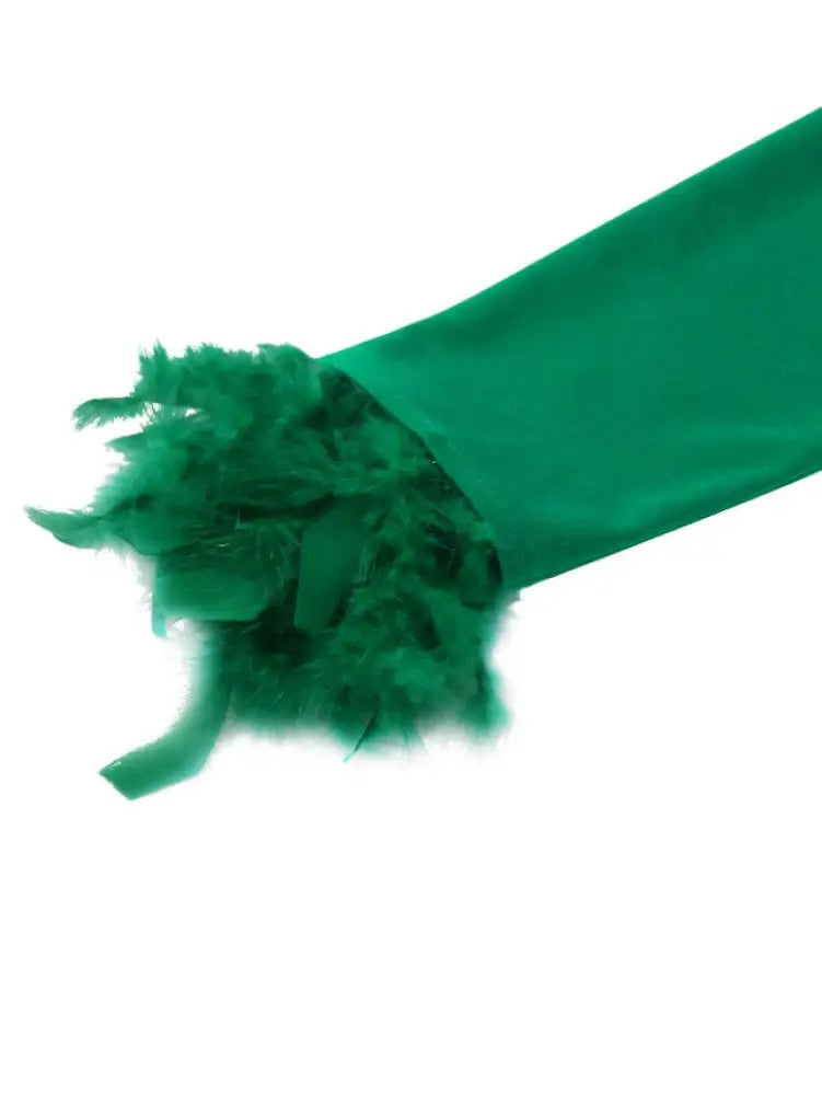 Green Bodycon Dress V-neck Patchwork Feather Long Sleeve