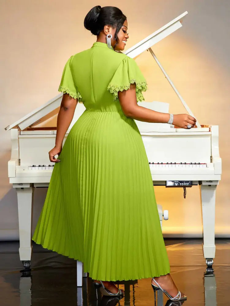 Green Bowtie Butterfly Sleeves pleated a line Dresses