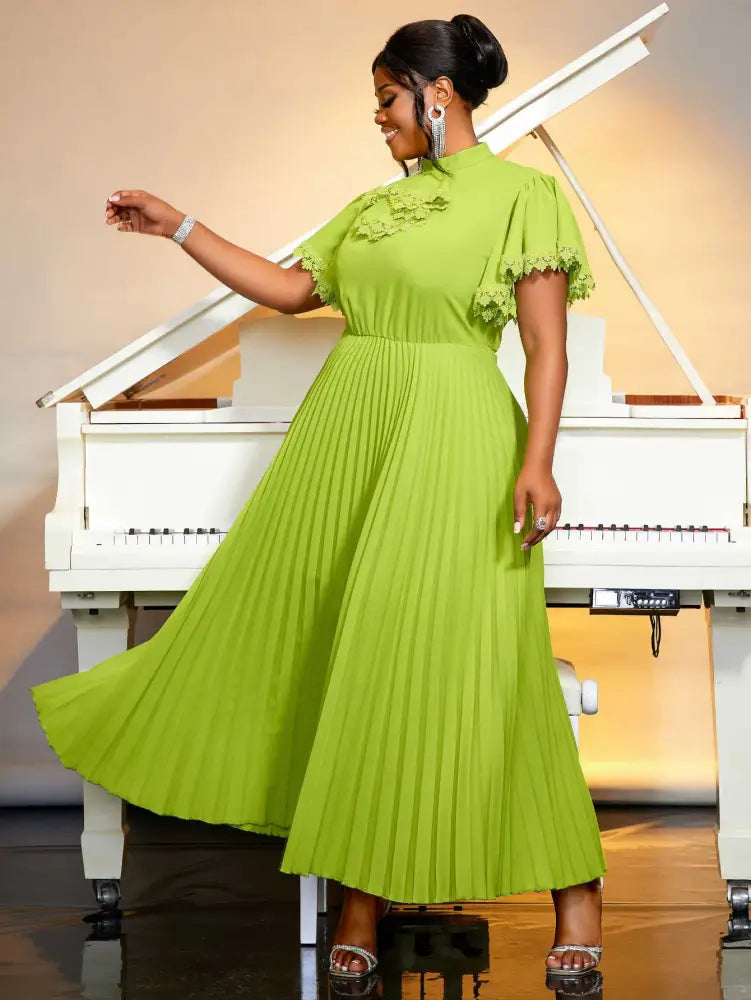 Green Bowtie Butterfly Sleeves pleated a line Dresses