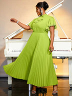 Green Bowtie Butterfly Sleeves pleated a line Dresses