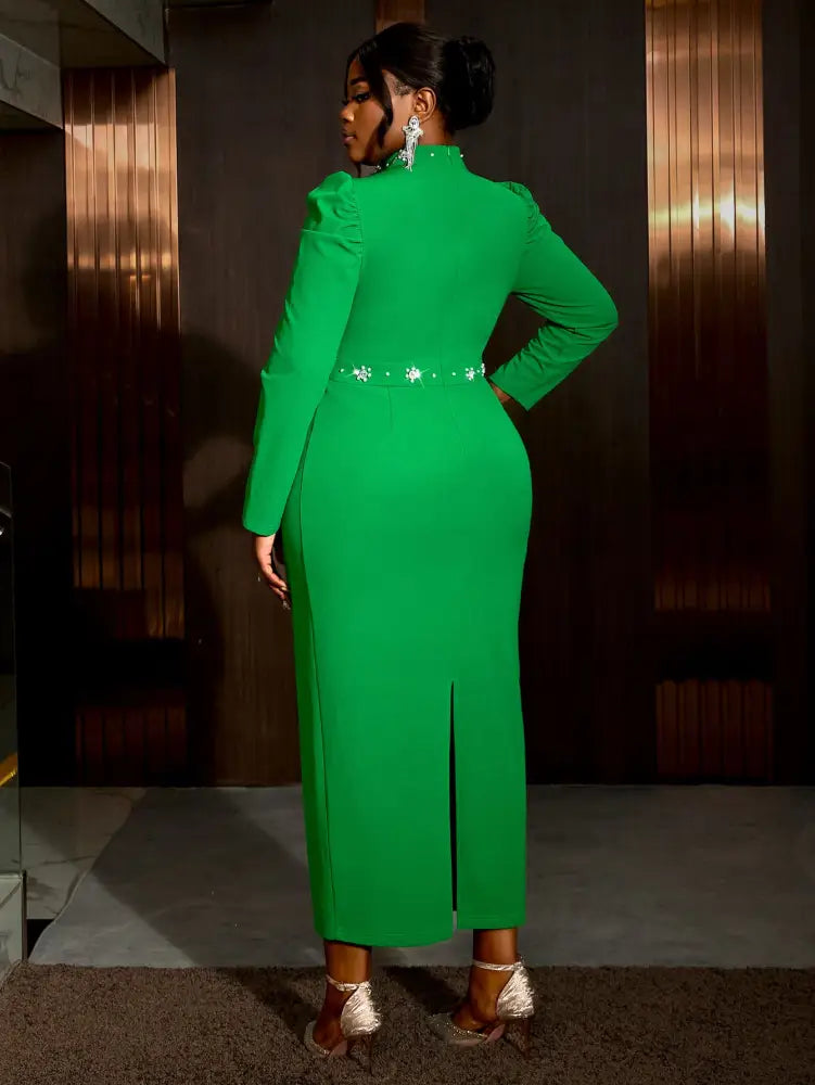 Green Diamond Dress Hollowed Out Long Puff Sleeves Bodycon