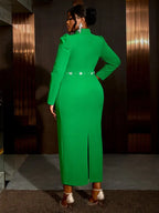 Green Diamond Dress Hollowed Out Long Puff Sleeves Bodycon