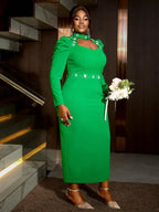 Green Diamond Dress Hollowed Out Long Puff Sleeves Bodycon