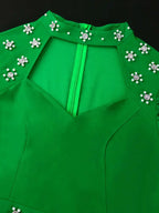 Green Diamond Dress Hollowed Out Long Puff Sleeves Bodycon