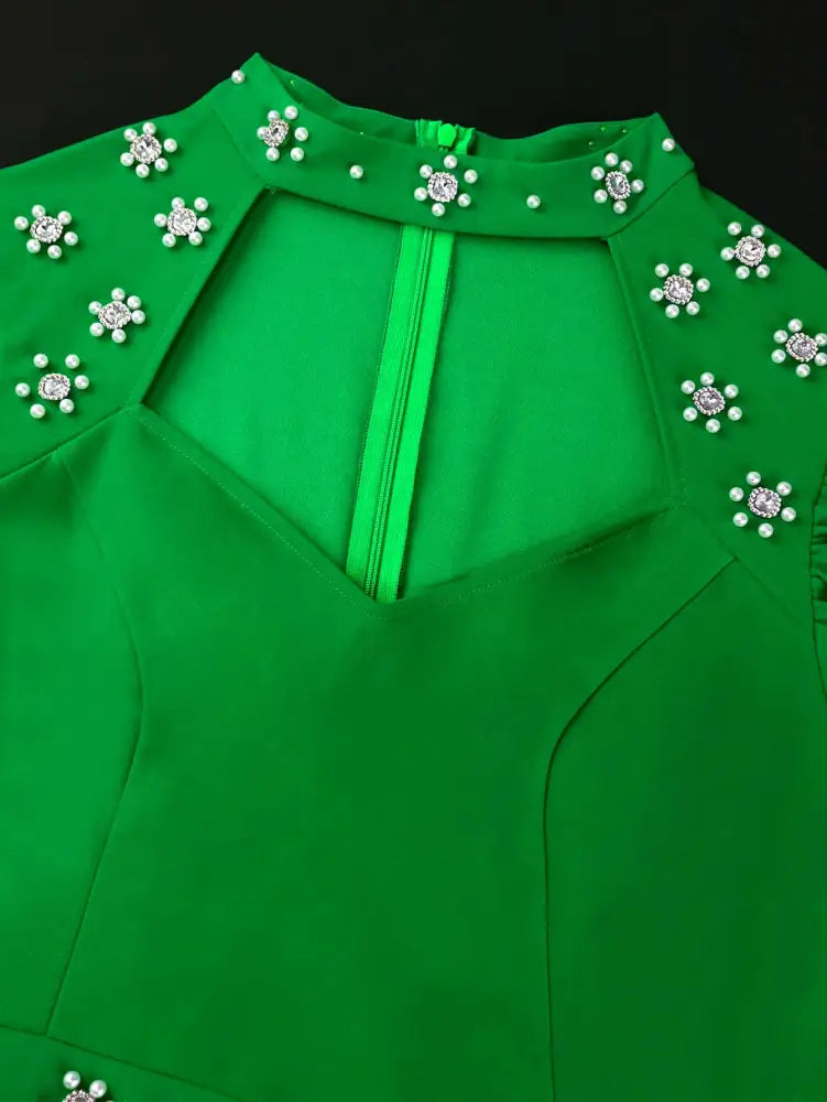Green Diamond Dress Hollowed Out Long Puff Sleeves Bodycon