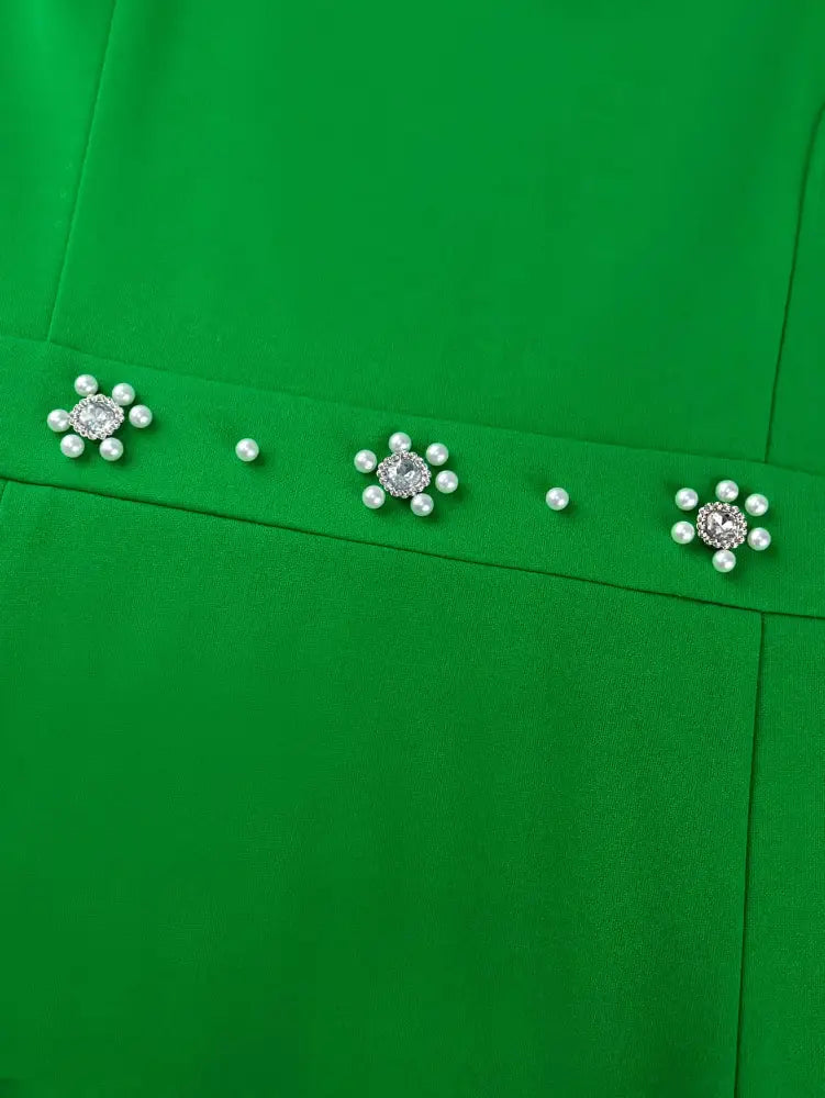 Green Diamond Dress Hollowed Out Long Puff Sleeves Bodycon