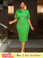 Green Dresses for Wedding Round Neck Short Sleeve 3D Flower Design