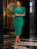 Green Fashion Dresses for Women O Neck Flower Short Sleeve