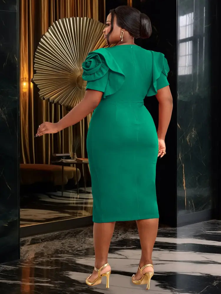 Green Fashion Dresses for Women O Neck Flower Short Sleeve