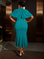 Green Fishtail Dress Half High Collar Beading Cloak Sleeve