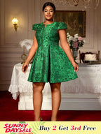 Green Jacquard A Line Dresses Short Sleeves Occasion Wedding Event