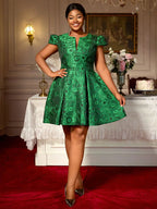Green Jacquard A Line Dresses Short Sleeves Occasion Wedding Event