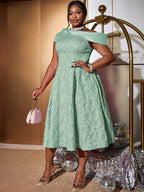 Green Jacquard A Line Dresss Cold Shoulder Irregular Floral