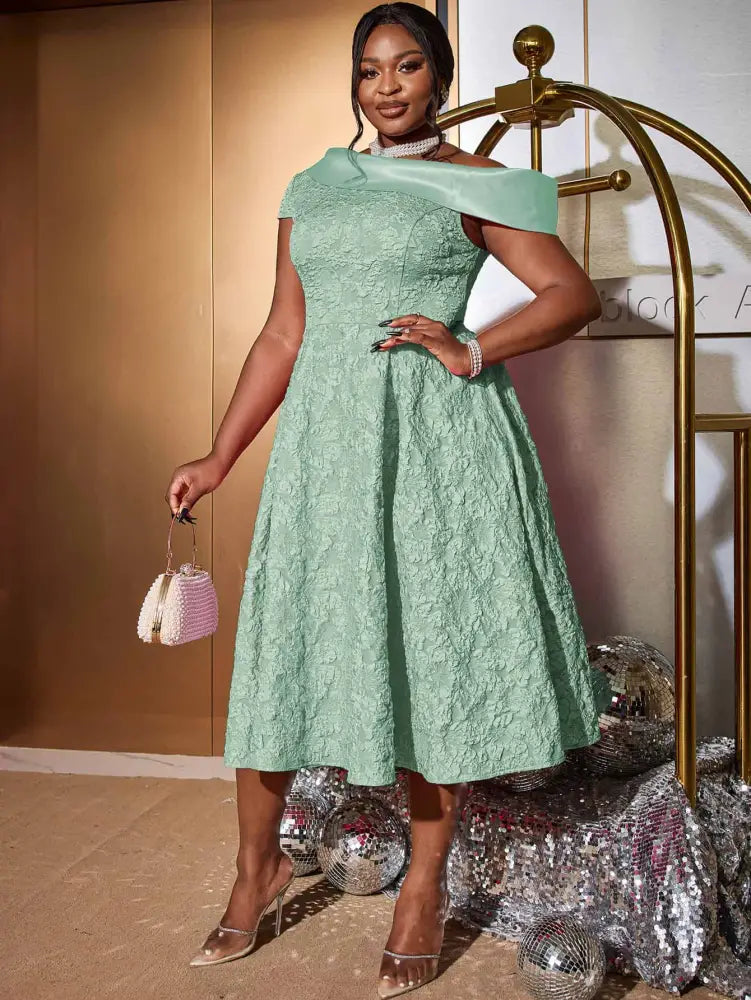 Green Jacquard A Line Dresss Cold Shoulder Irregular Floral
