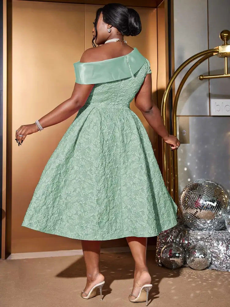 Green Jacquard A Line Dresss Cold Shoulder Irregular Floral
