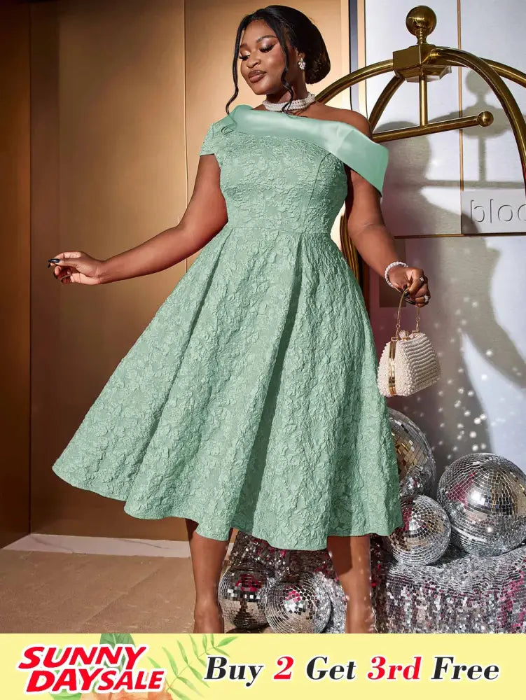 Green Jacquard A Line Dresss Cold Shoulder Irregular Floral