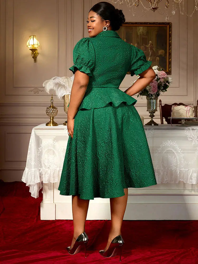 Green Jacquard Two Pieces Set Turn Down Collar Buttoms Peplum Belly Hide Suit A Line Skirt