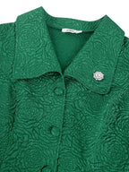 Green Jacquard Two Pieces Set Turn Down Collar Buttoms Peplum Belly Hide Suit A Line Skirt
