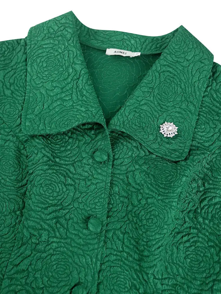 Green Jacquard Two Pieces Set Turn Down Collar Buttoms Peplum Belly Hide Suit A Line Skirt