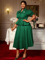 Green Jacquard Two Pieces Set Turn Down Collar Buttoms Peplum Belly Hide Suit A Line Skirt