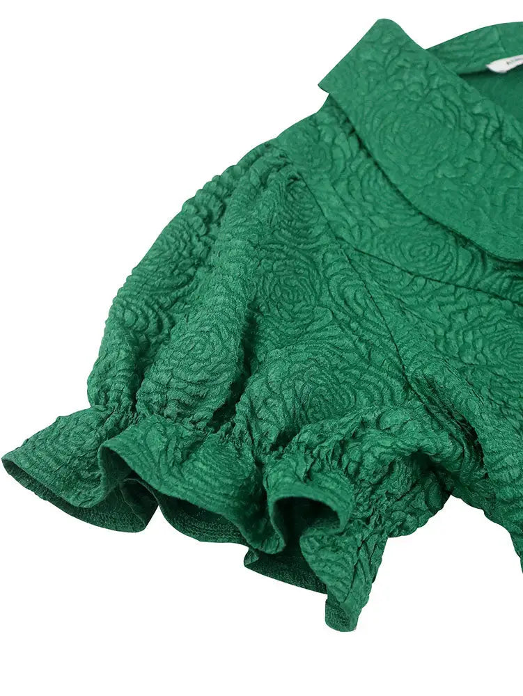 Green Jacquard Two Pieces Set Turn Down Collar Buttoms Peplum Belly Hide Suit A Line Skirt
