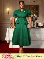 Green Jacquard Two Pieces Set Turn Down Collar Buttoms Peplum Belly Hide Suit A Line Skirt