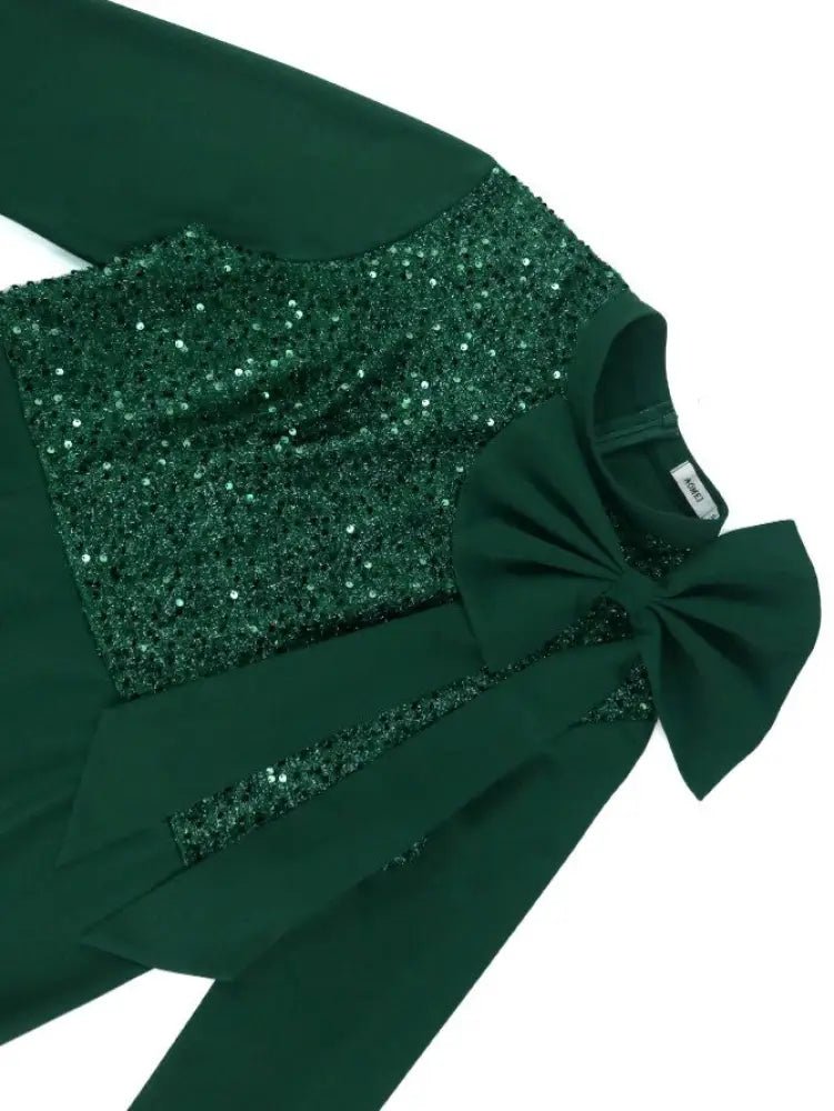 Green Mermaid Dress Sequins Patchwork Big Bow Flare Sleeve