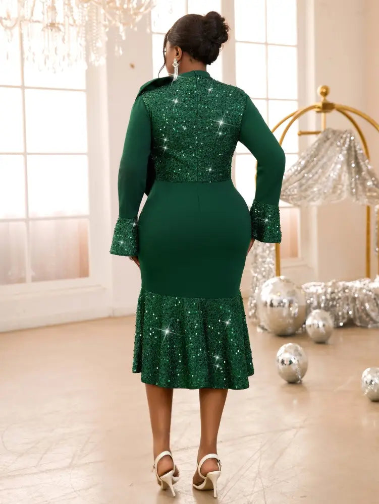 Green Mermaid Dress Sequins Patchwork Big Bow Flare Sleeve