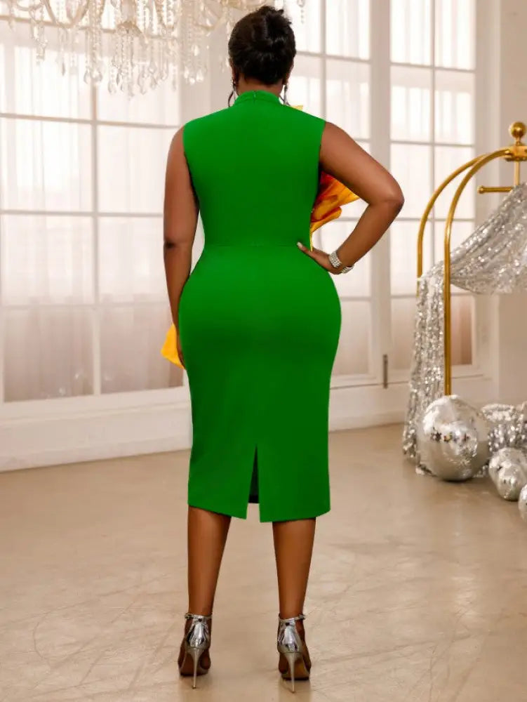 Green Midi Dress Mock Neck Sleeveless Yellow Ruffle Empire