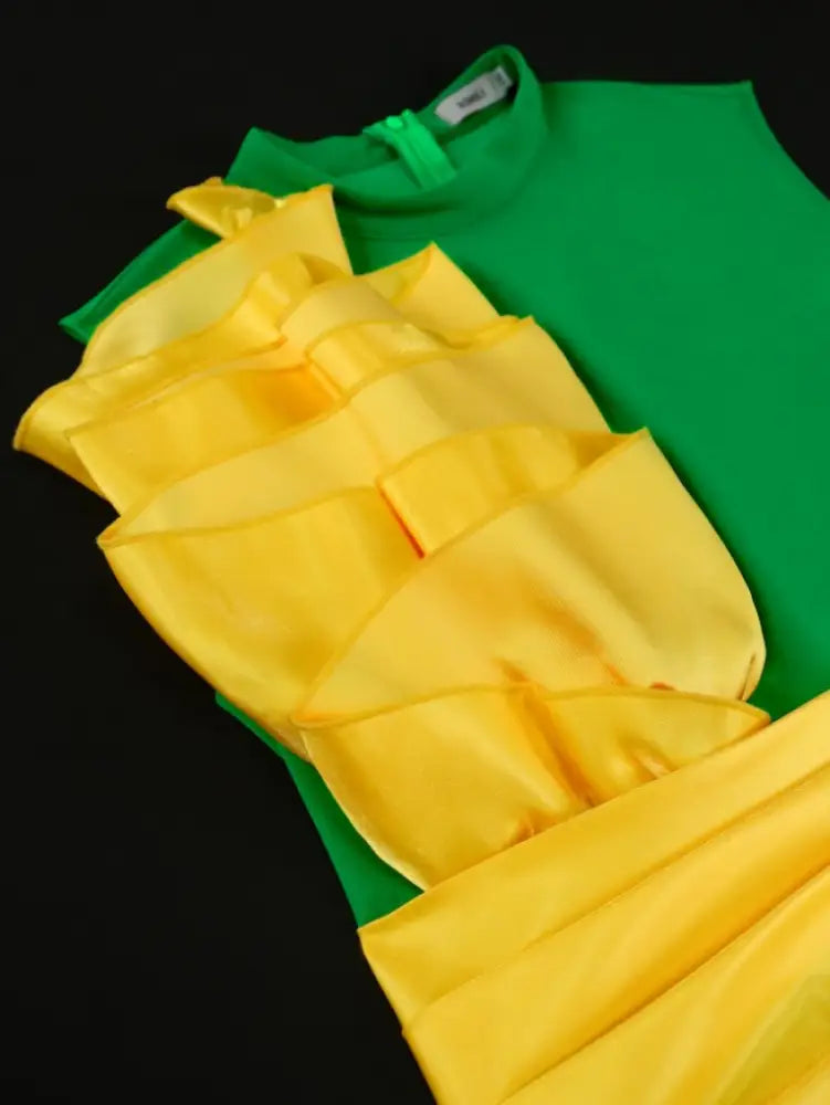 Green Midi Dress Mock Neck Sleeveless Yellow Ruffle Empire