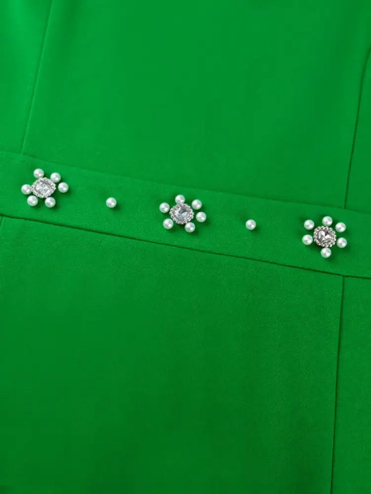 Green Mock Neck Dress Long Sleeve Cut Out Diamonds Beaded