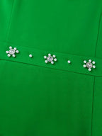 Green Mock Neck Dress Long Sleeve Cut Out Diamonds Beaded