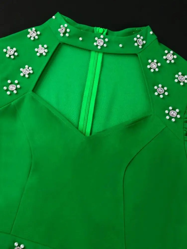 Green Mock Neck Dress Long Sleeve Cut Out Diamonds Beaded