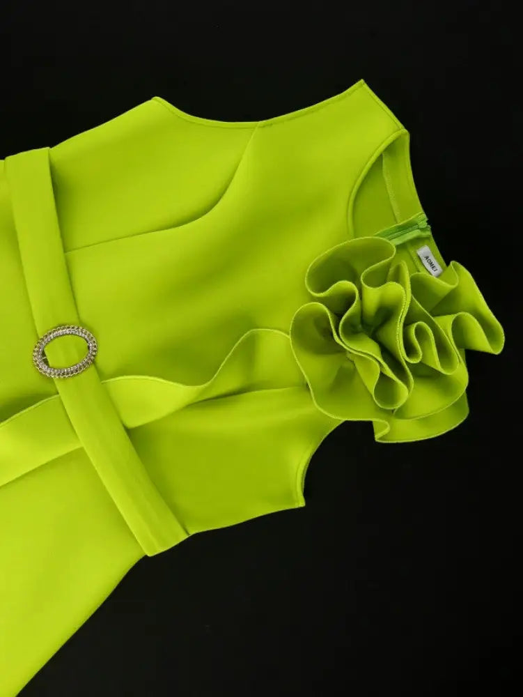 Green O Neck Big Flower Sleeveless Ruffles A-Line Dress