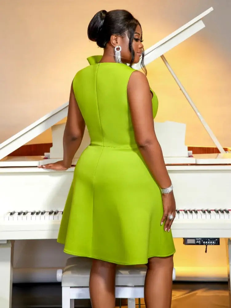 Green O Neck Big Flower Sleeveless Ruffles A-Line Dress