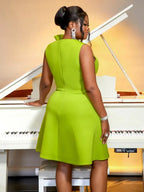 Green O Neck Big Flower Sleeveless Ruffles A-Line Dress