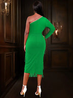 Green Party Events Tassels Dresses For Women One Shoulder