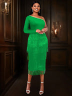Green Party Events Tassels Dresses For Women One Shoulder