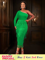 Green Party Events Tassels Dresses For Women One Shoulder