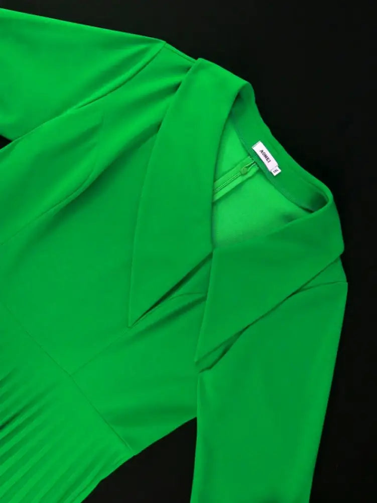Green Pleated Dress Irregular Collar Half Sleeve with Bows