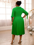Green Pleated Dress Irregular Collar Half Sleeve with Bows