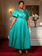 Green Plus Size Dresses for Curvy Women Half Puff Sleeves A Line Outfits