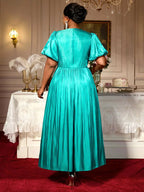 Green Plus Size Dresses for Curvy Women Half Puff Sleeves A Line Outfits