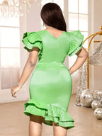 Green Shiny Satin Dress V Neck Ruffle Sleeve Diamond Belt