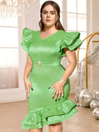 Green Shiny Satin Dress V Neck Ruffle Sleeve Diamond Belt