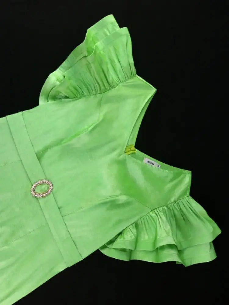 Green Shiny Satin Dress V Neck Ruffle Sleeve Diamond Belt