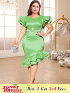 Green Shiny Satin Dress V Neck Ruffle Sleeve Diamond Belt