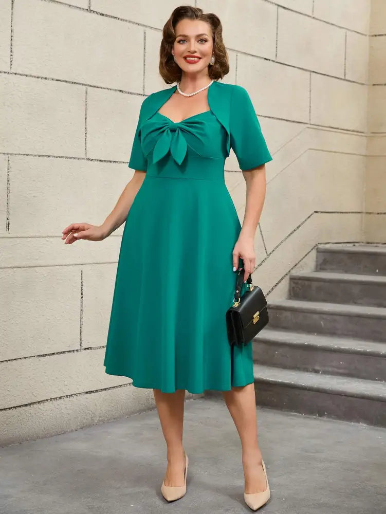 Green Short Sleeve A Line Dress with 3D Bow Design Emerald Green Dress